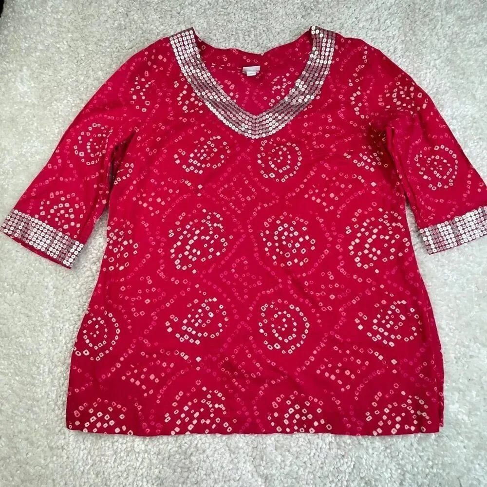 Calypso St. Barth Sequin Tunic Blouse Red Print Womens XL